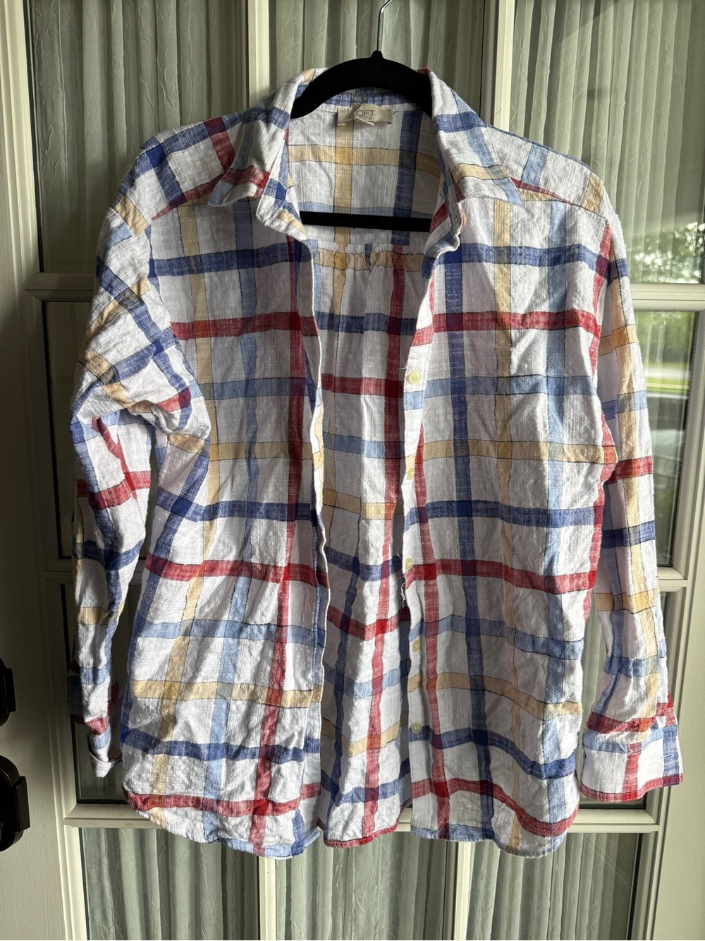 LOFT Women's Medium Red Check Gingham Button-Up Blouse Cotton